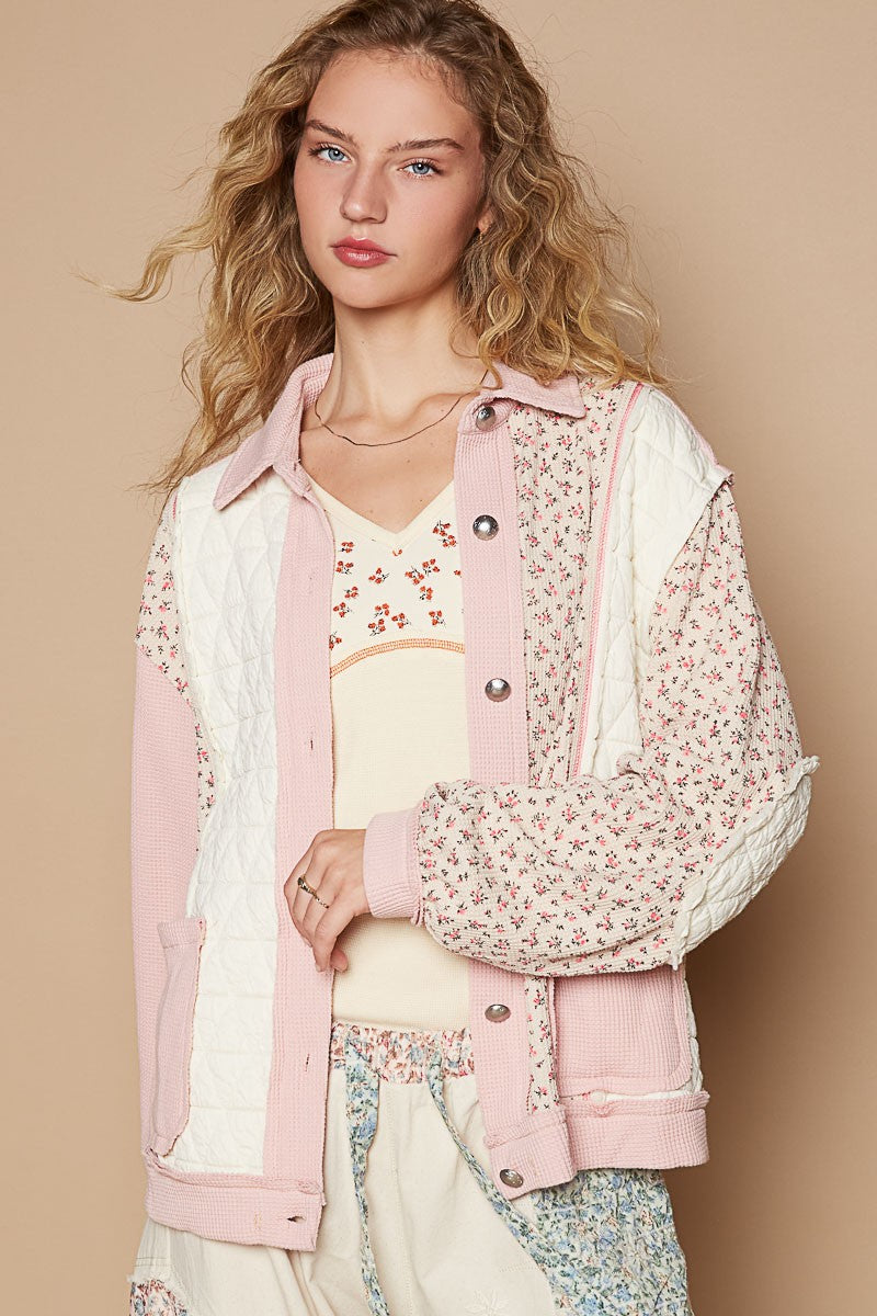 POL Floral Exposed Seam Button Up Quilted Jacket - Tigbul's Variety Fashion Shop