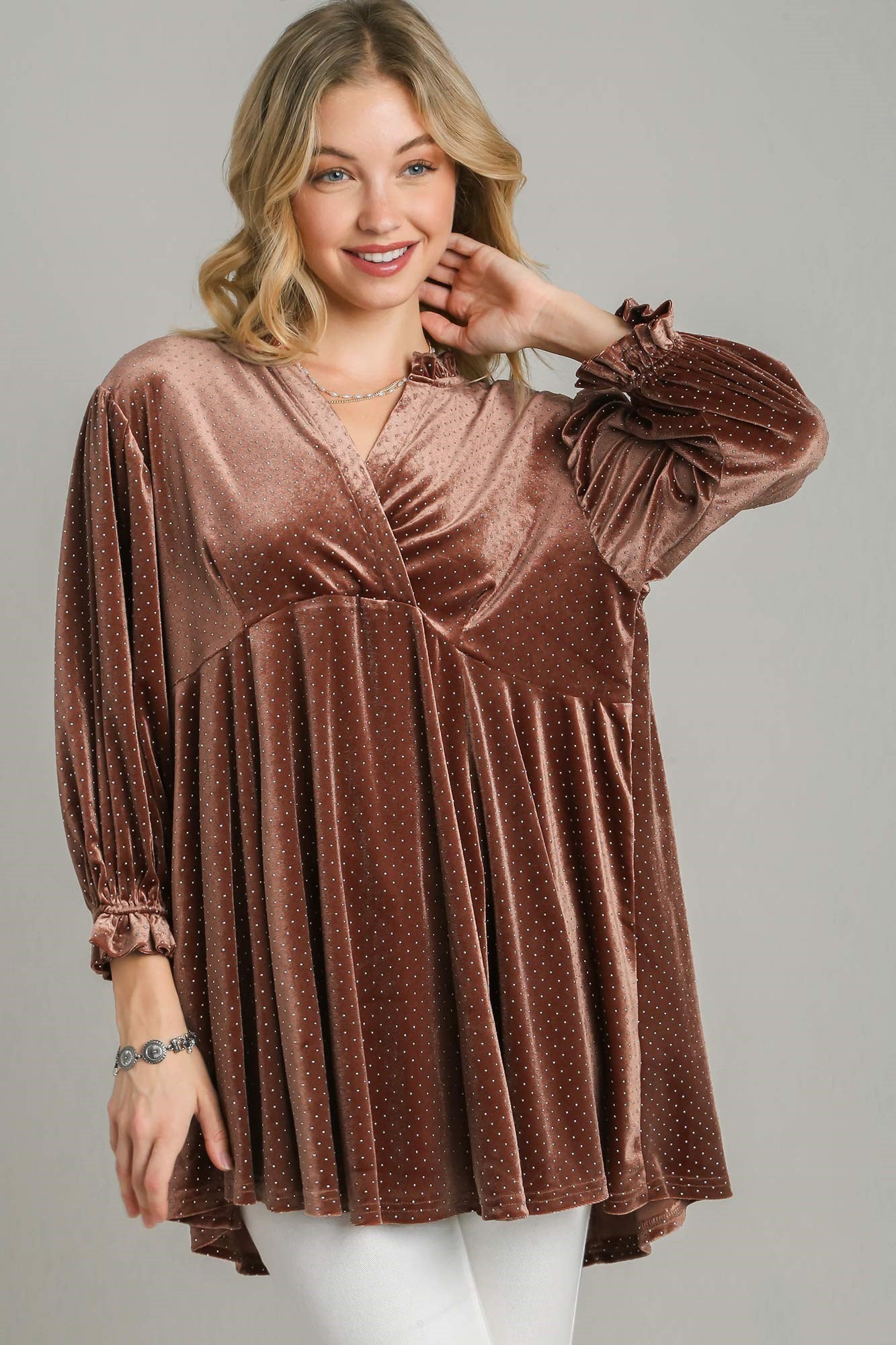 Beaded Brown Velvet Babydoll Blouse - Tigbul's Variety Fashion Shop