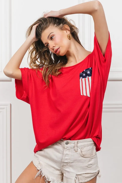 Red French Terry With Front Pocket Dolman Sleeves Top - Tigbul's Variety Fashion Shop