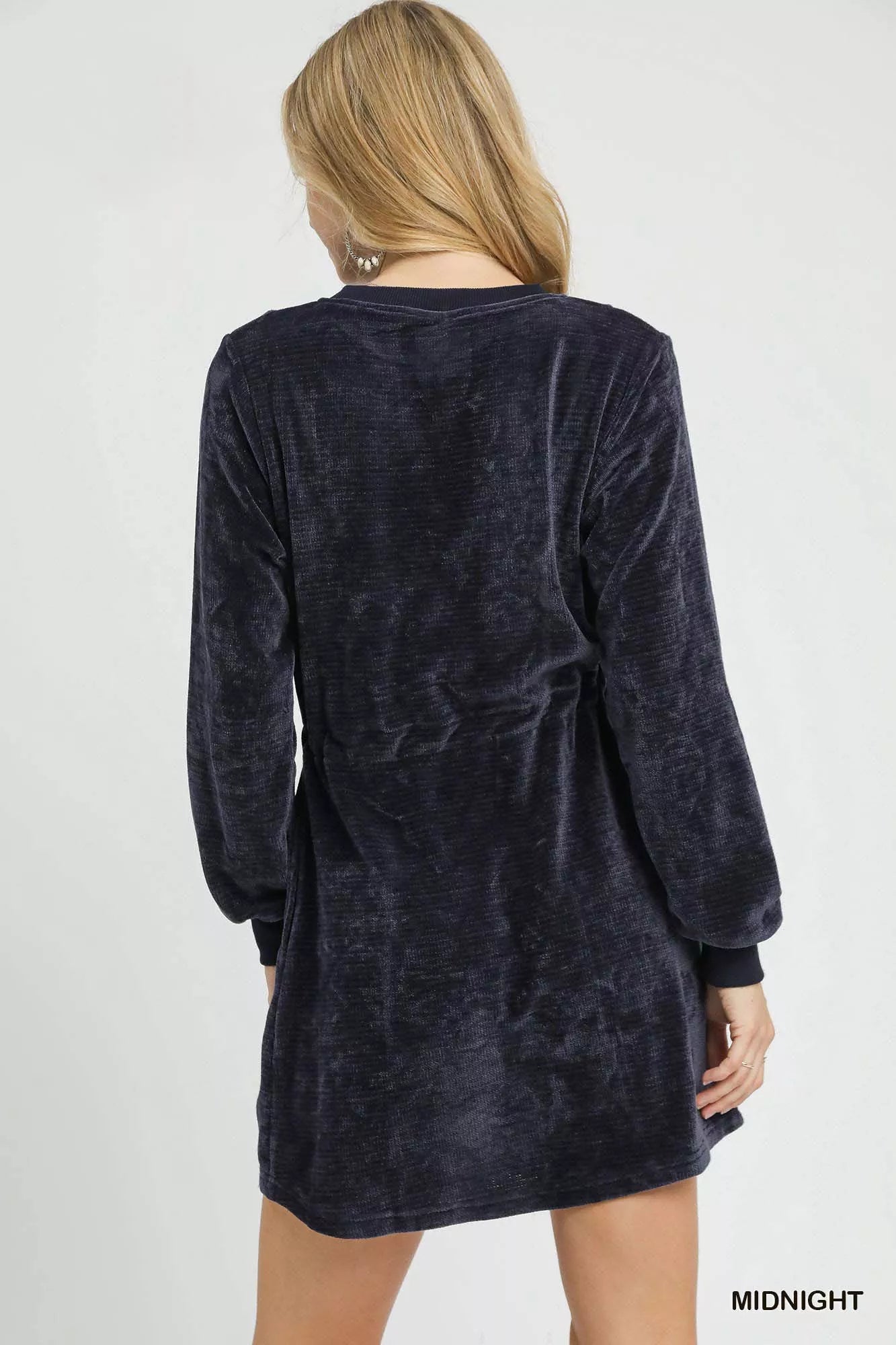 Umgee Velour Drawstring Mini Dress with Long Sleeves - Tigbul's Variety Fashion Shop