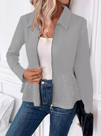 Pearl Embellished Zip-Up Peplum Outerwear - Tigbul's Variety Fashion Shop