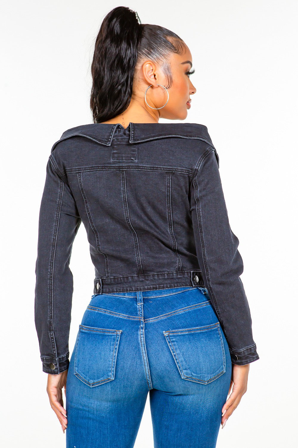 American Bazi Off Shoulder Lace Up Denim Jacket - Tigbul's Variety Fashion Shop