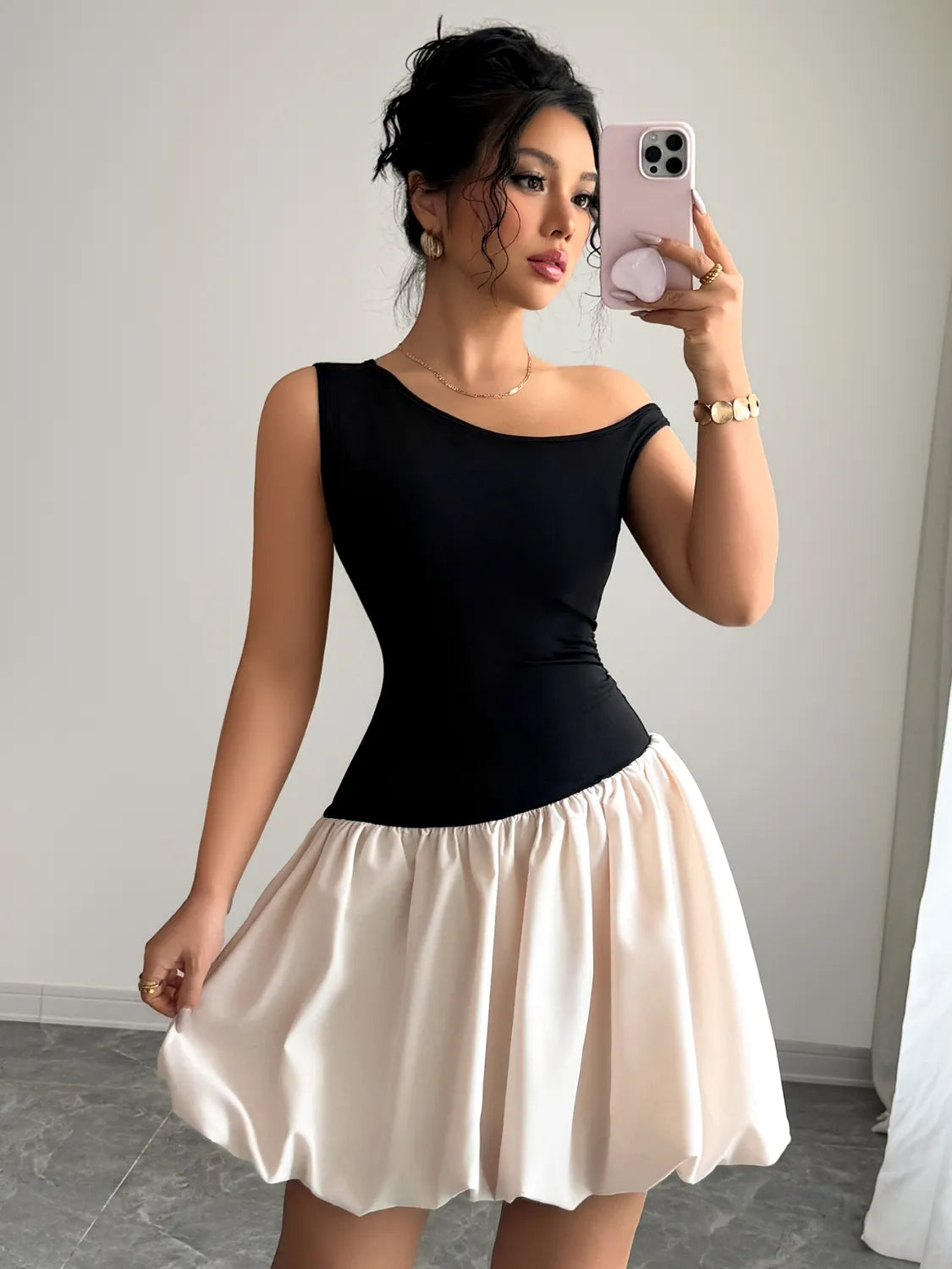 Contrast Single Shoulder Mini Tank Dress - Tigbul's Variety Fashion Shop