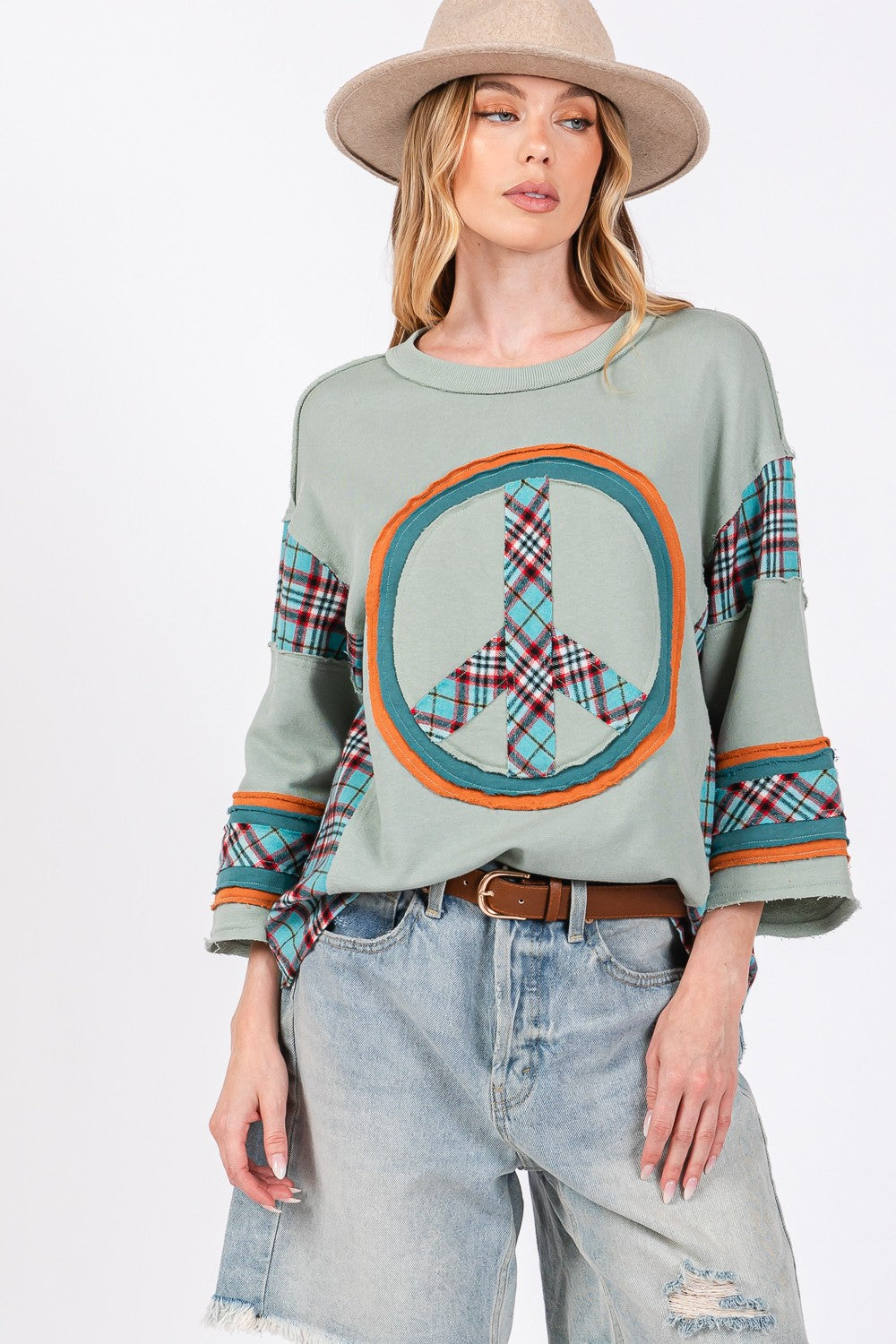 SAGE + FIG Peace Applique Patch Contrast Plaid Top - Tigbul's Variety Fashion Shop