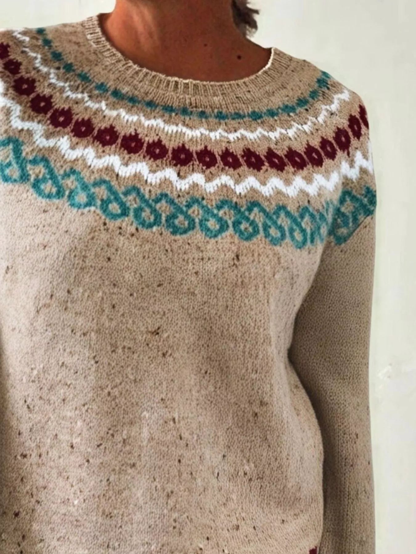 Full Size Vintage Patterned Round Neck Sweater Plus Size - Tigbul's Variety Fashion Shop