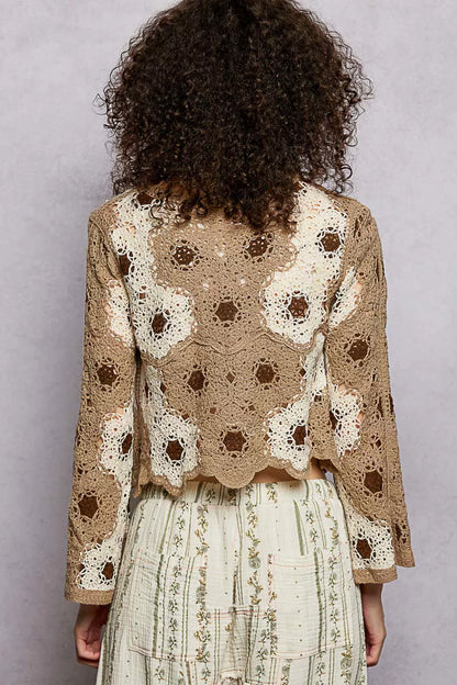 POL Floral Weave Pattern Crochet Cropped Top with Beads Detail - Tigbul's Variety Fashion Shop