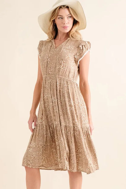 Boho Printed Tiered Taupe Maxi Dress - Tigbul's Variety Fashion Shop