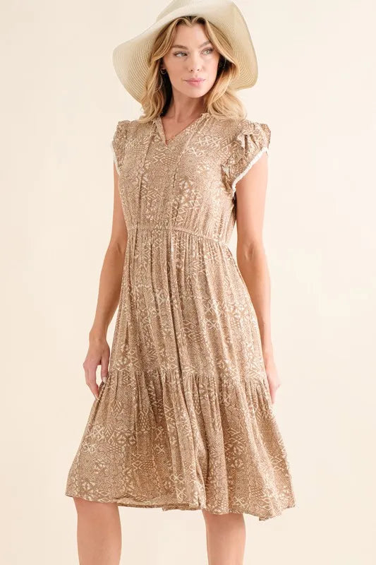 Boho Printed Tiered Taupe Maxi Dress - Tigbul's Variety Fashion Shop