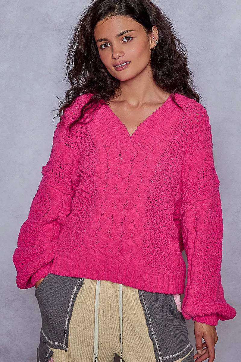 POL Cable-Knit Solid V-Neck Cropped Sweater - Tigbul's Variety Fashion Shop