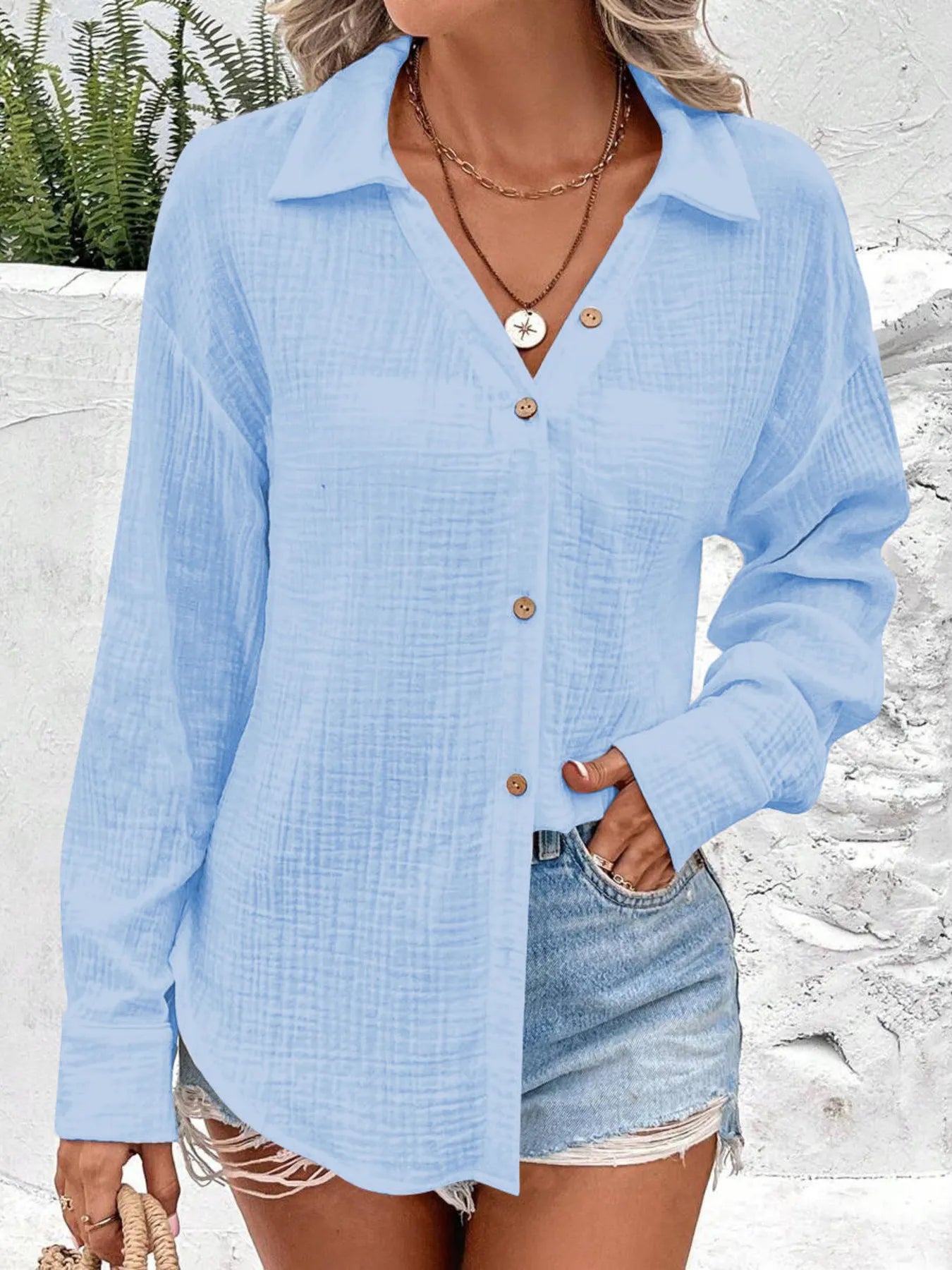 Texture Button Down Side Slit Long Sleeve Shirt - Tigbul's Variety Fashion Shop