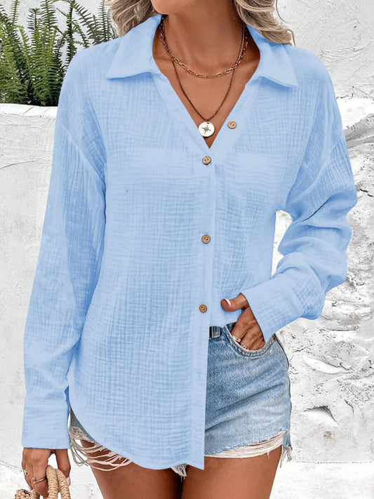 Texture Button Down Side Slit Long Sleeve Shirt - Tigbul's Variety Fashion Shop
