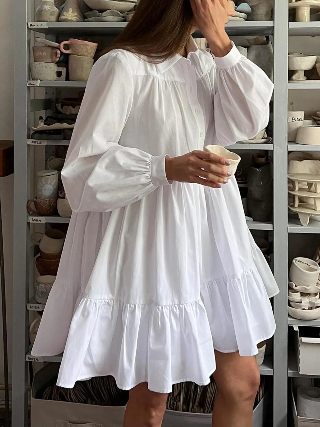 Tiered Long Sleeve Shirt Dress - Tigbul's Variety Fashion Shop
