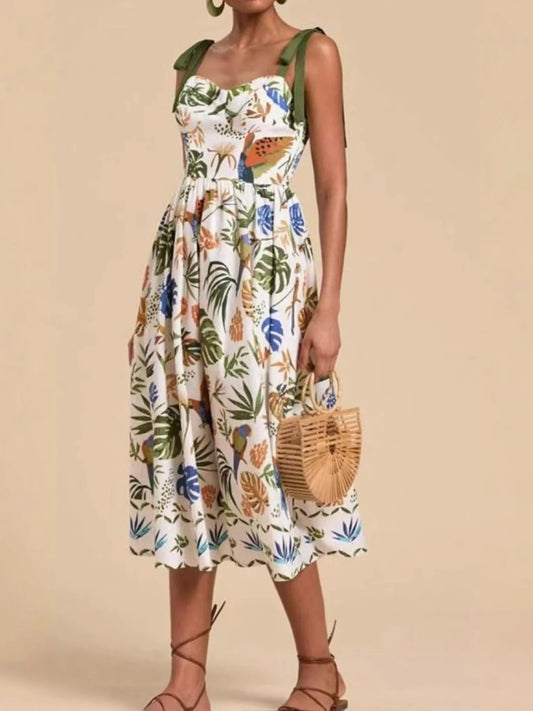 Tropical Print Tie-Shoulder Sweetheart Neck Midi Dress - Tigbul's Variety Fashion Shop