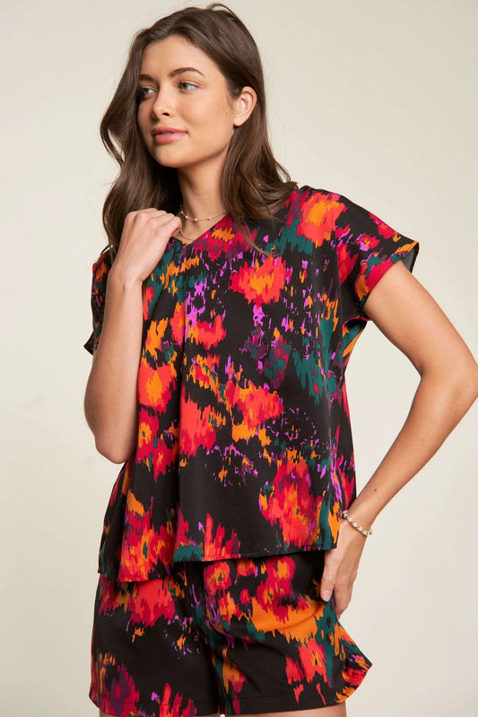 Printed V Neck Short Sleeve Top and Shorts Set - Tigbul's Variety Fashion Shop