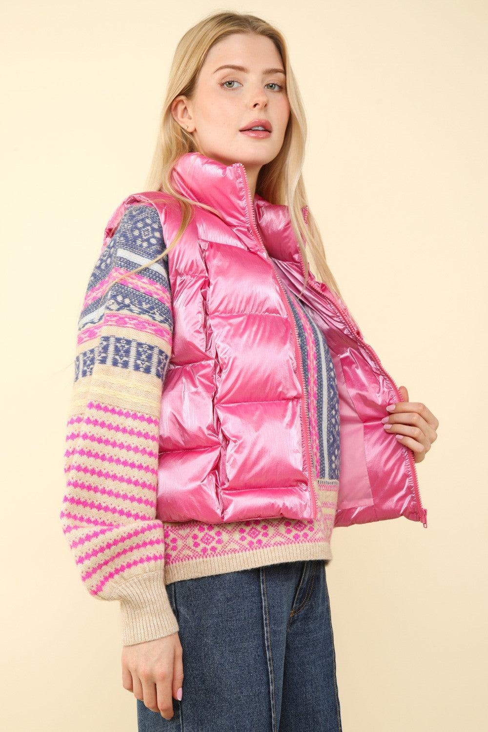 VERY J Shiny Metallic Zip Up Puffer Vest - Tigbul's Variety Fashion Shop