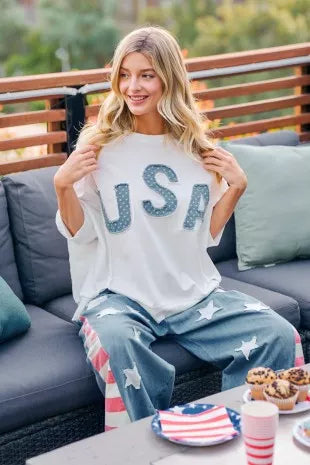 USA Letter Patchwork White French Terry Top Women's | Tigbuls Fashion