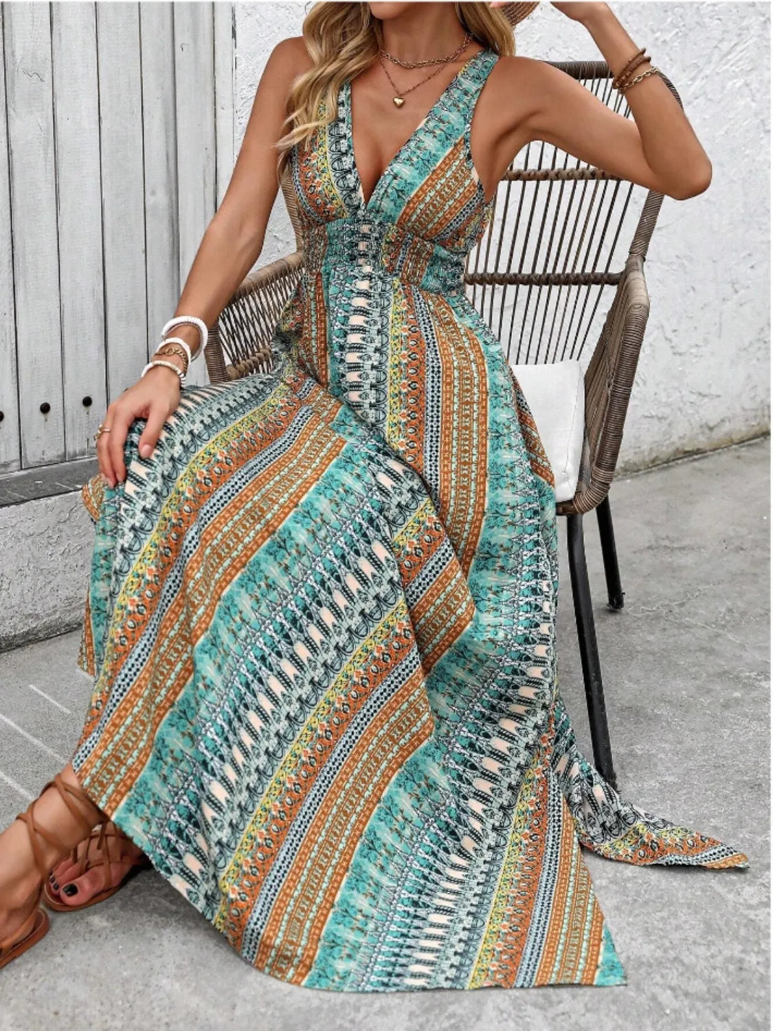 Tied Back Printed Sleeveless Maxi Slit Dress - Tigbul's Variety Fashion Shop