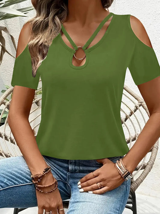Cold Shoulder T-Shirt with Metal Ring Detail - Tigbul's Variety Fashion Shop