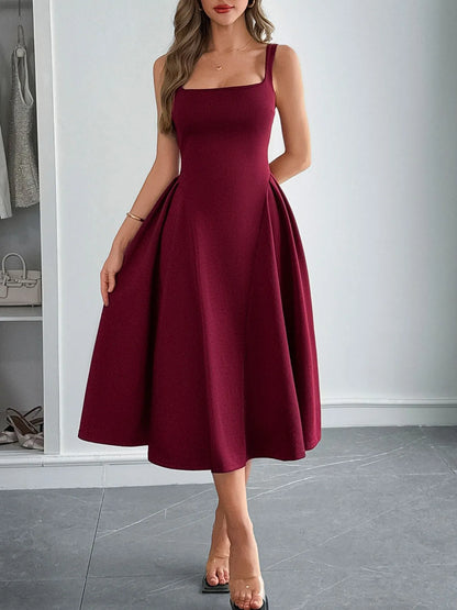 Square Neck Wide Strap Midi Dress - Tigbul's Variety Fashion Shop