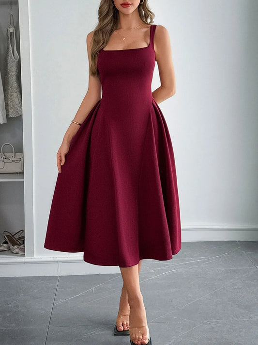 Square Neck Wide Strap Midi Dress - Tigbul's Variety Fashion Shop