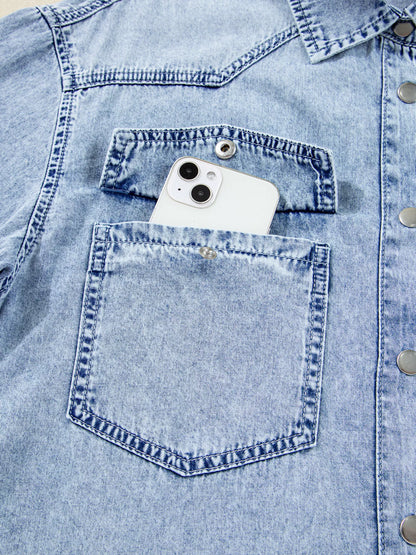 Chest Pocket Raw Hem Denim Loose Shirt Dress - Tigbul's Variety Fashion Shop