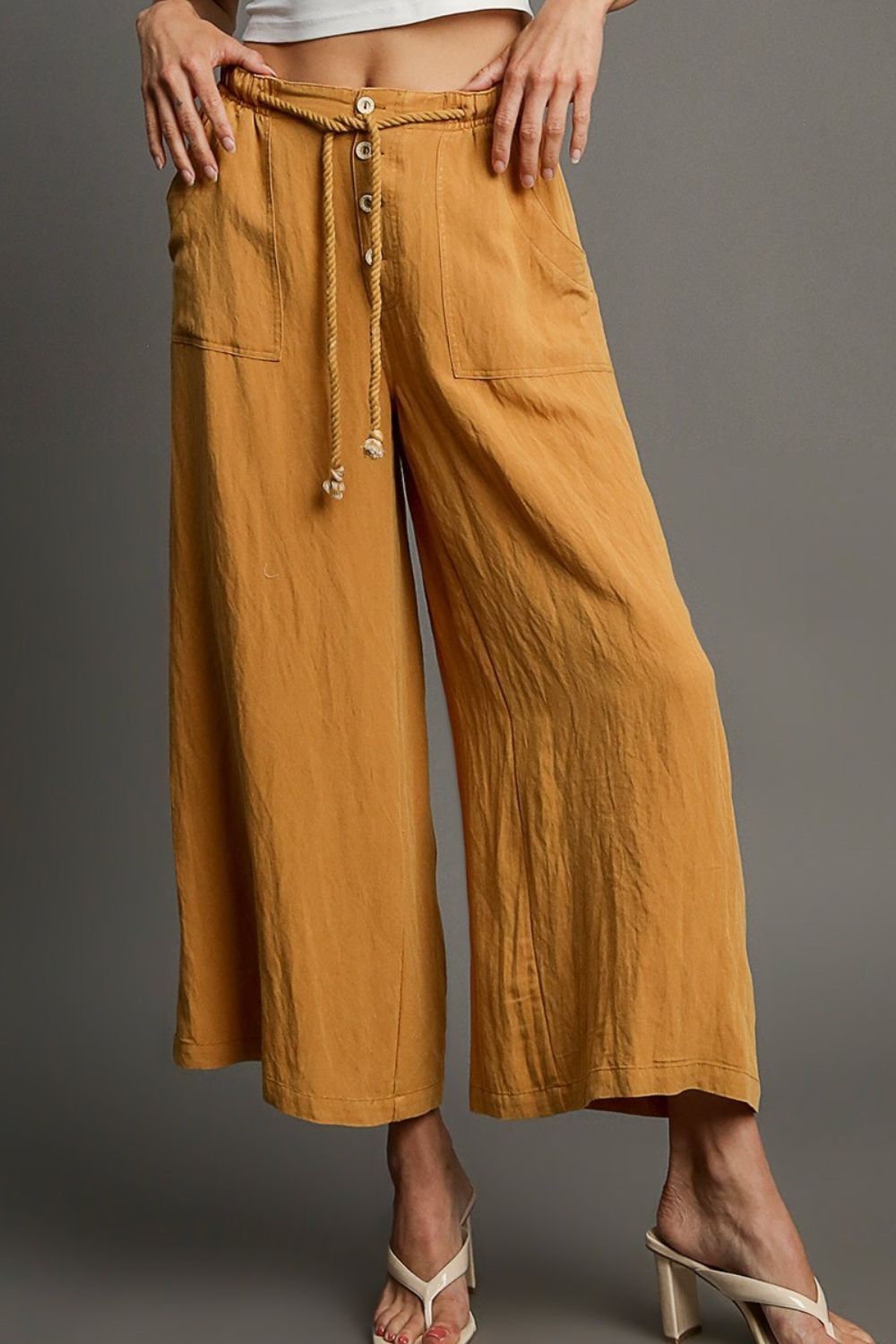 Umgee Full Size Rope Drawstring Wide Leg Pants Plus Size - Tigbul's Variety Fashion Shop