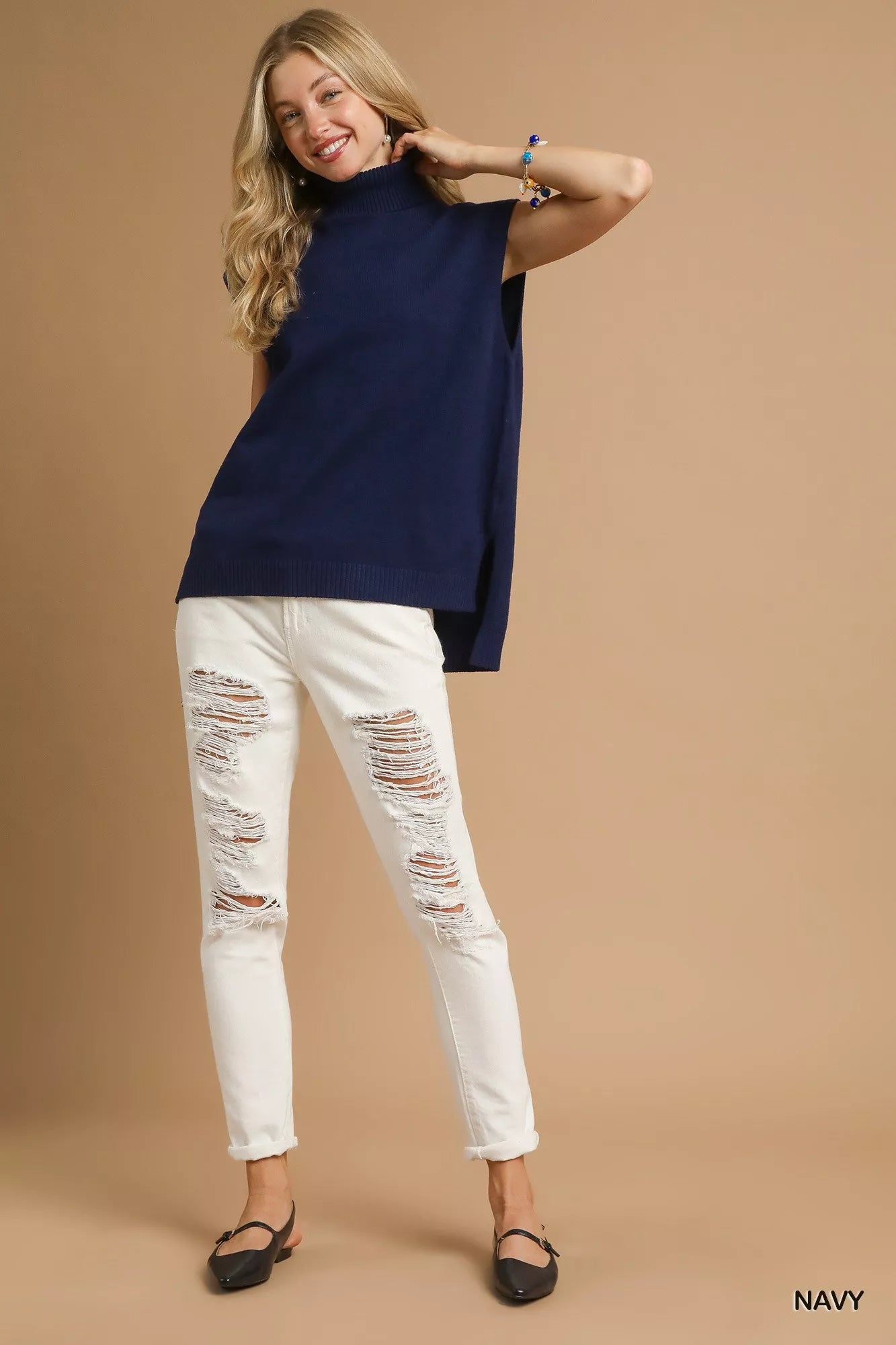 Umgee High-Low Turtleneck Sleeveless Sweater Top - Tigbul's Variety Fashion Shop