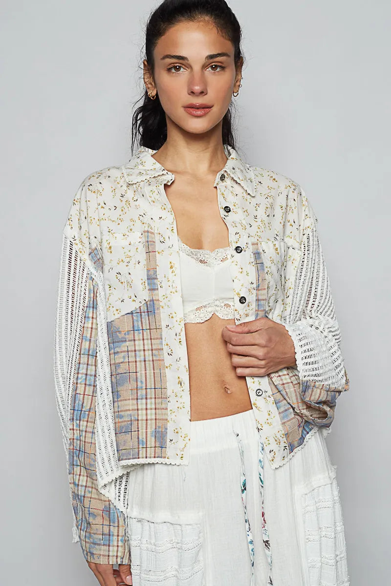 POL Floral Slit Back Plaid Patchwork Shirt - Tigbul's Variety Fashion Shop