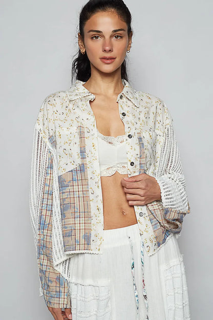 POL Floral Slit Back Plaid Patchwork Shirt - Tigbul's Variety Fashion Shop