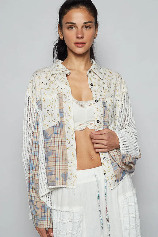 POL Floral Slit Back Plaid Patchwork Shirt - Tigbul's Variety Fashion Shop