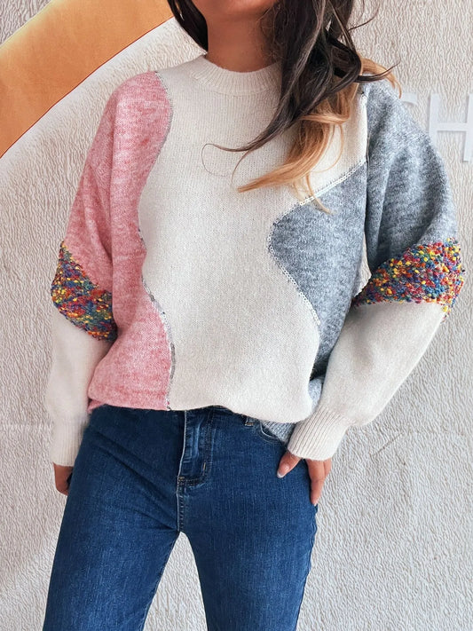Color Block Dropped Shoulder Sweater - Tigbul's Variety Fashion Shop