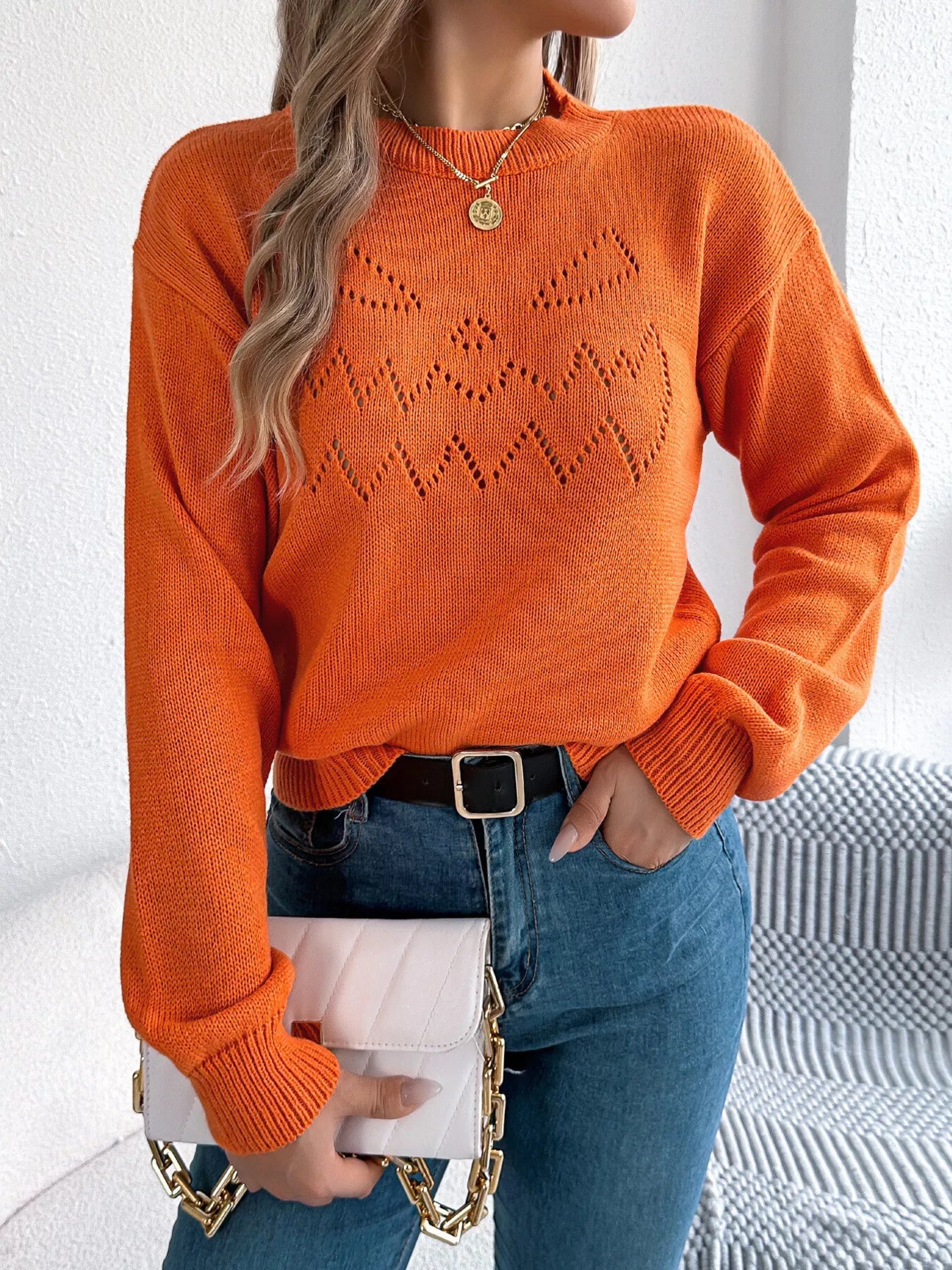 Openwork Round Neck Long Sleeve Sweater - Tigbul's Variety Fashion Shop