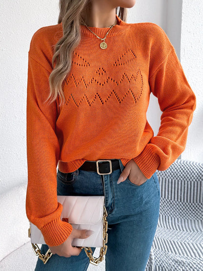 Openwork Round Neck Long Sleeve Sweater - Tigbul's Variety Fashion Shop