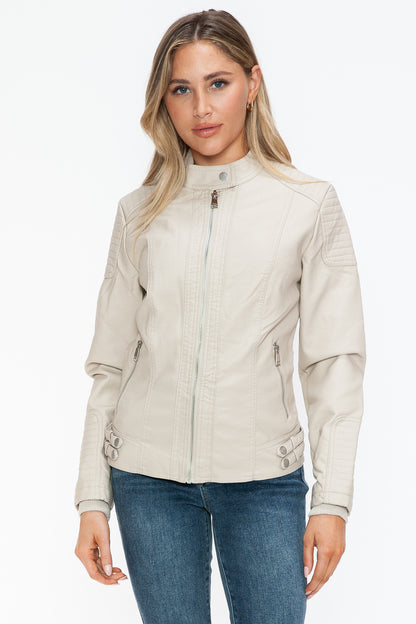 Sand Color Faux Leather Biker Jacket with Side Zip Pockets