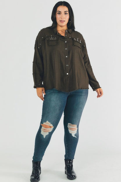 Plus Distressed hem button down oversize shirt - Tigbul's Variety Fashion Shop