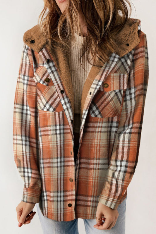 Plaid Button Up Long Sleeve Hooded Jacket - Tigbul's Variety Fashion Shop