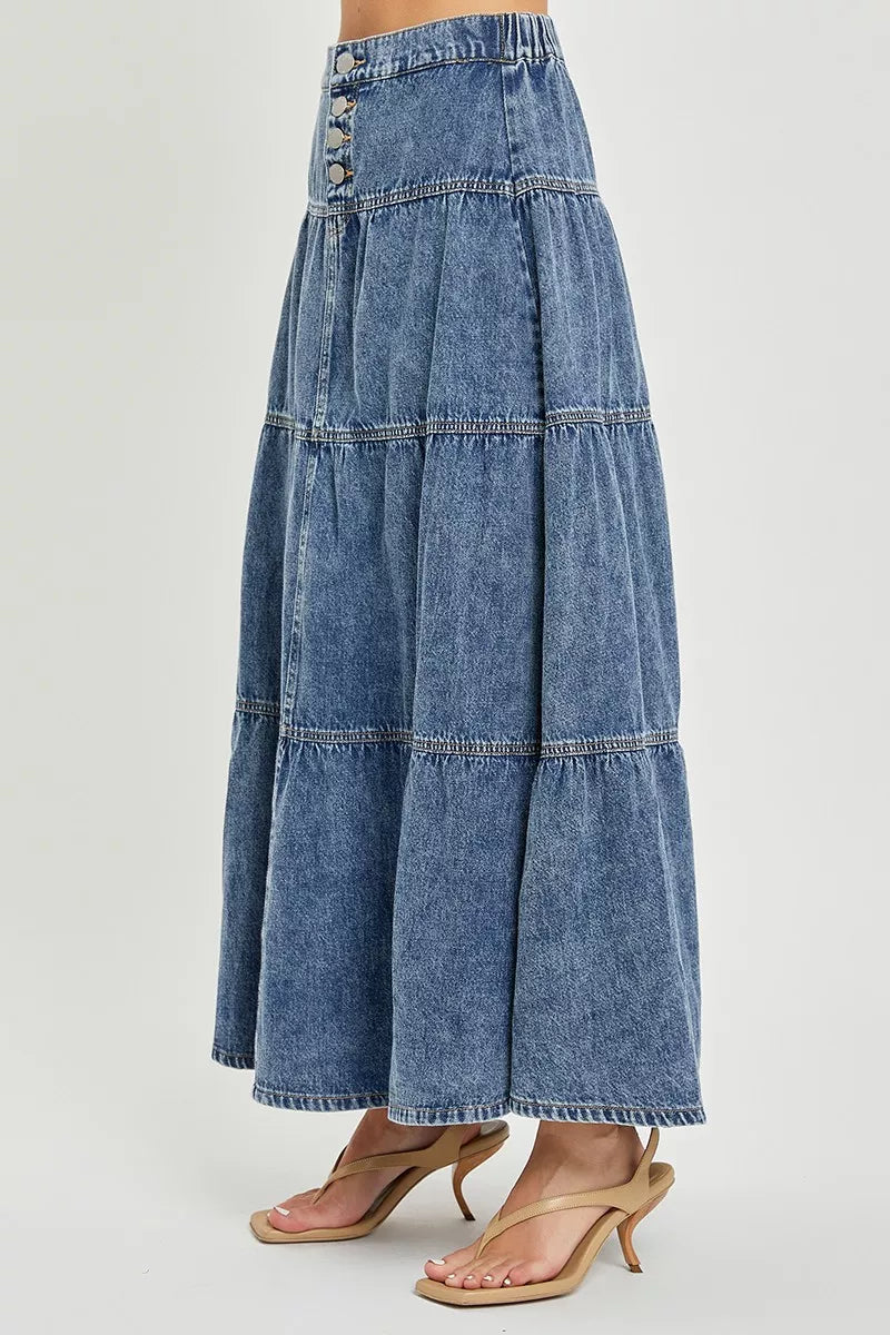 High-rise denim maxi skirt with gathered ruffle tiers and vertical seams, medium blue