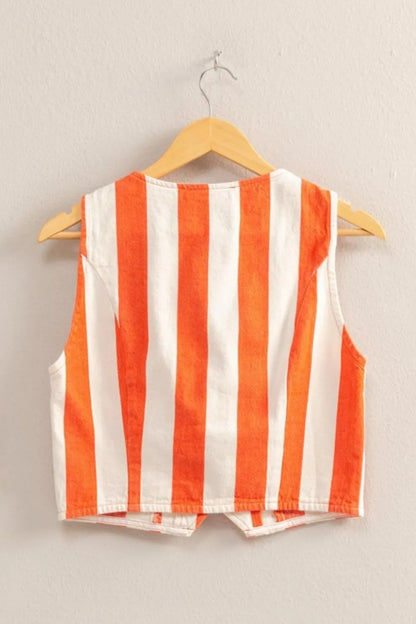 Woven Striped V-Neck Button Down Vest - Tigbul's Variety Fashion Shop