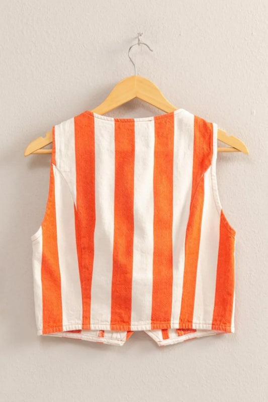Woven Striped V-Neck Button Down Vest - Tigbul's Variety Fashion Shop