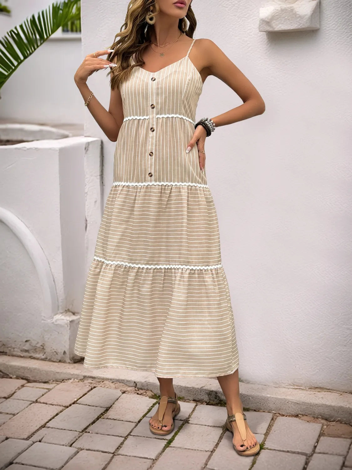 Striped V-Neck Cami Dress - Tigbul's Variety Fashion Shop
