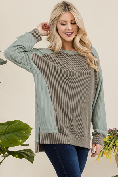 Celeste Full Size High-Low Contrast Round Neck Sweatshirt - Tigbul's Variety Fashion Shop