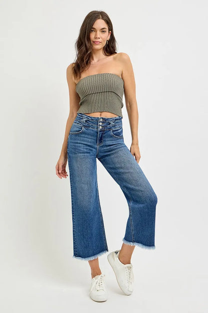 RISEN High Rise Crop Wide Leg Jeans with Wide Band Detail - Tigbul's Variety Fashion Shop