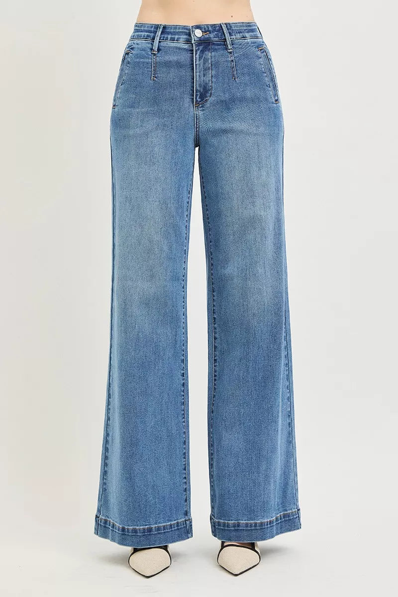 Medium wash high-rise wide-leg jeans, center back seam and yoke