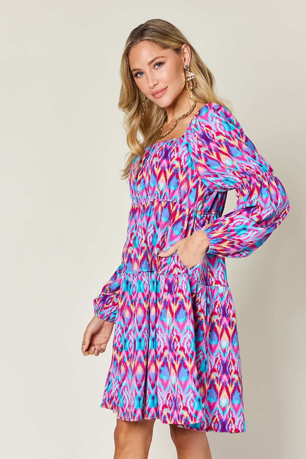 Double Take Full Size Printed Long Sleeve Dress - Tigbul's Variety Fashion Shop