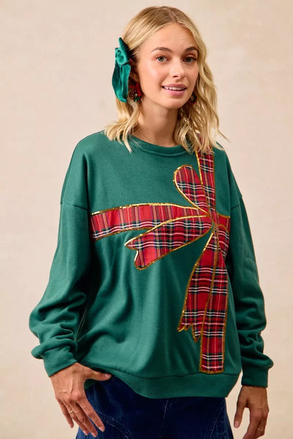 Plaid Ribbon Bow Detail Christmas Fleece Pullover Sweater - Tigbul's Variety Fashion Shop