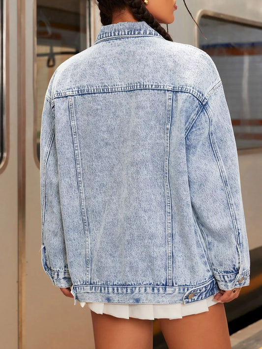Distressed Wash Button Up Denim Jacket - Tigbul's Variety Fashion Shop
