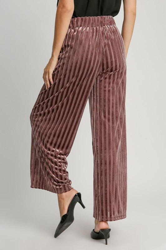 Umgee Full Size Elastic Waist Striped Wide Leg Velvet Pants - Tigbul's Variety Fashion Shop