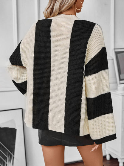 Waffle-Knit V-Neck Striped Long Sleeve Cardigan - Tigbul's Variety Fashion Shop