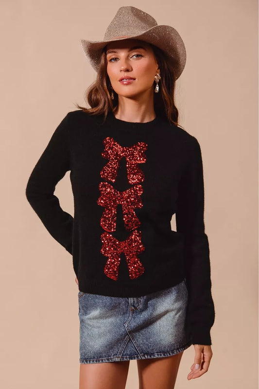 SO ME Sequins Bow Ribbon Embellished Christmas Sweater - Tigbul's Variety Fashion Shop