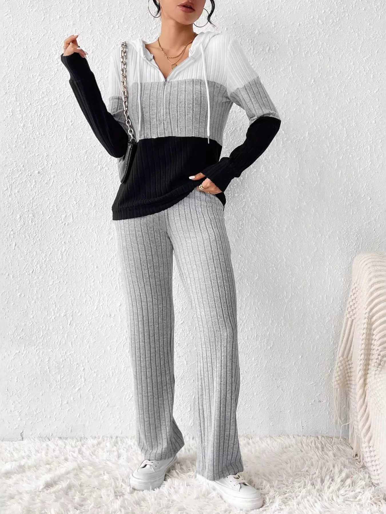 Color Block Half Zip Hooded Top and Pants Set - Tigbul's Variety Fashion Shop